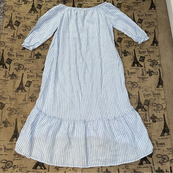 Saks Fifth Avenue 100% Linen Blue White 3/4 Sleeve Off Shoulder Maxi Dress - Picture 10 of 16